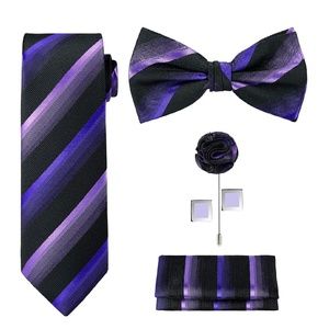 Mens 5pc Striped Neck Tie Bow Lapel Cuff Links Set
